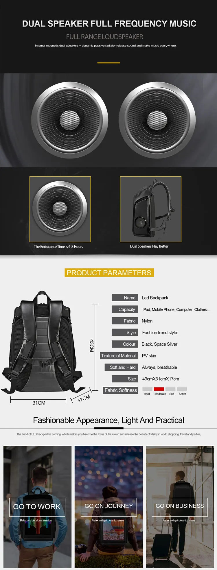 		Dynamic Display Led Bluetooth Speaker Backpack	