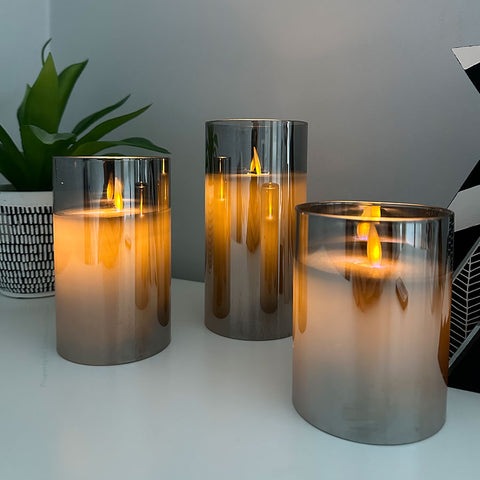 Set Of 3 - Flameless Pillar-candles With Smokey Gray Casing