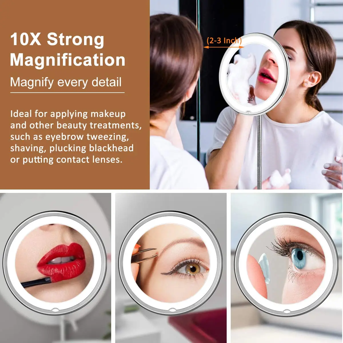 10x Magnifying Led Lighted Flexible Mirror