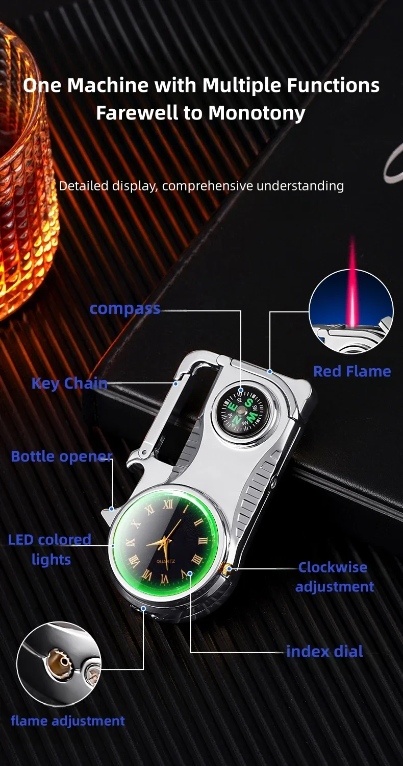 4in1 Windproof Metal Butane Compass Watch Keychain Lighter