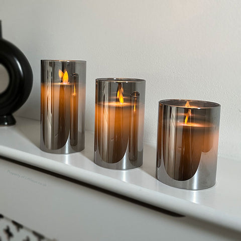 Set Of 3 - Flameless Pillar-candles With Smokey Gray Casing