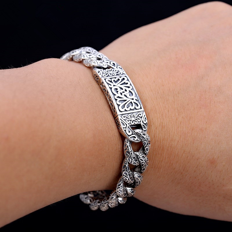 925 Silver Embossed Auspicious Pattern Custom Roman Vintage Bracelet