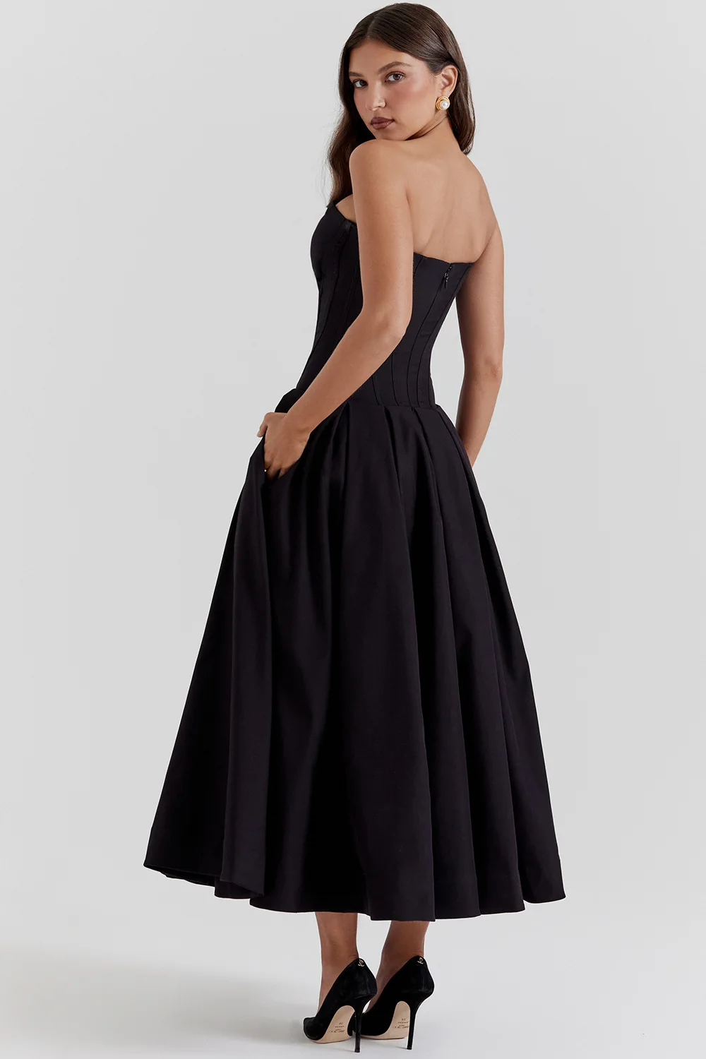 Deep V Neck Strapless Corset A-line Pleated Midi Dresses-black