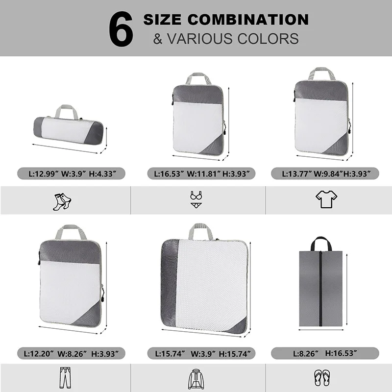 Expandable & Compression Packing Cubes – 6x Pcs