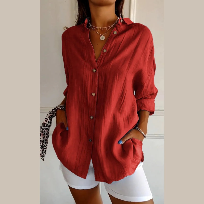 Classic Pleated Textured Single-breasted Lapel Shirt For Women