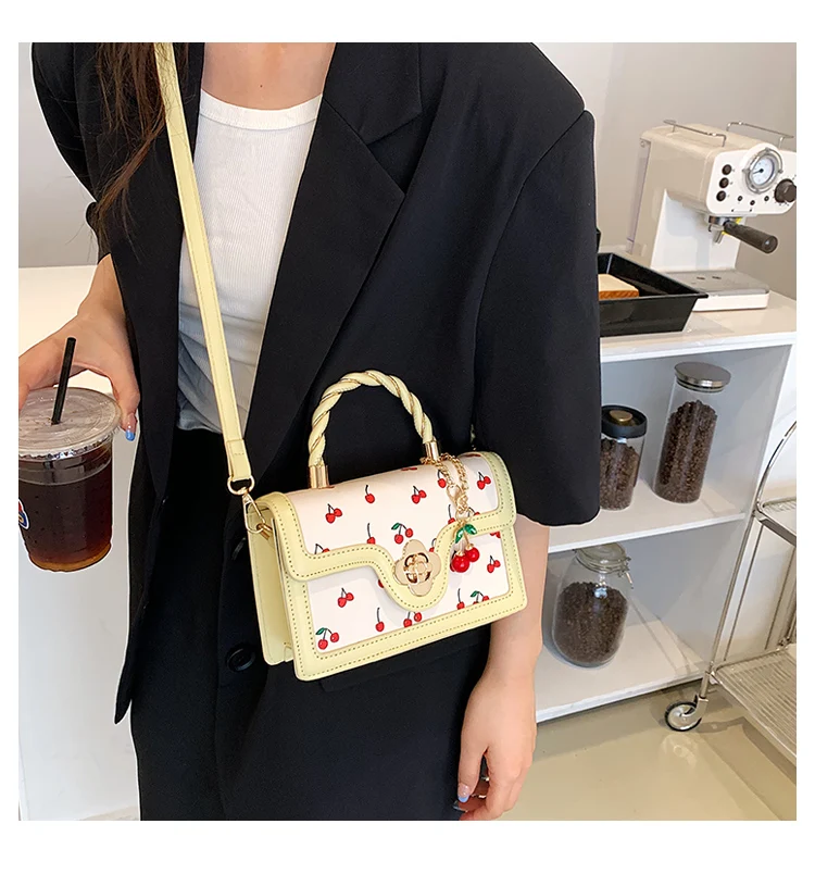 Cherry Shoulder Bag Purse For Women Cute Square Crossbody Bag Pu Leather Cherry Pattern Top-handle Handbag Small Satchel Bag