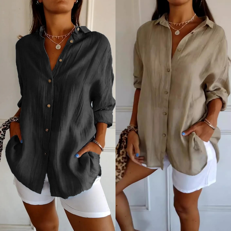Classic Pleated Textured Single-breasted Lapel Shirt For Women