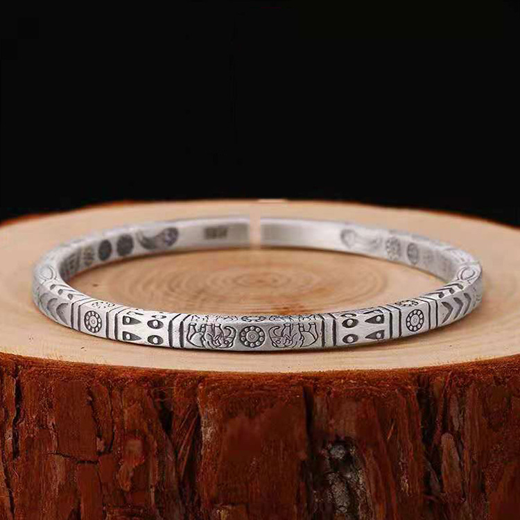 925 Silver Totem Simple Retro Style Personality Handmade Solid Open Mouth Bracelet
