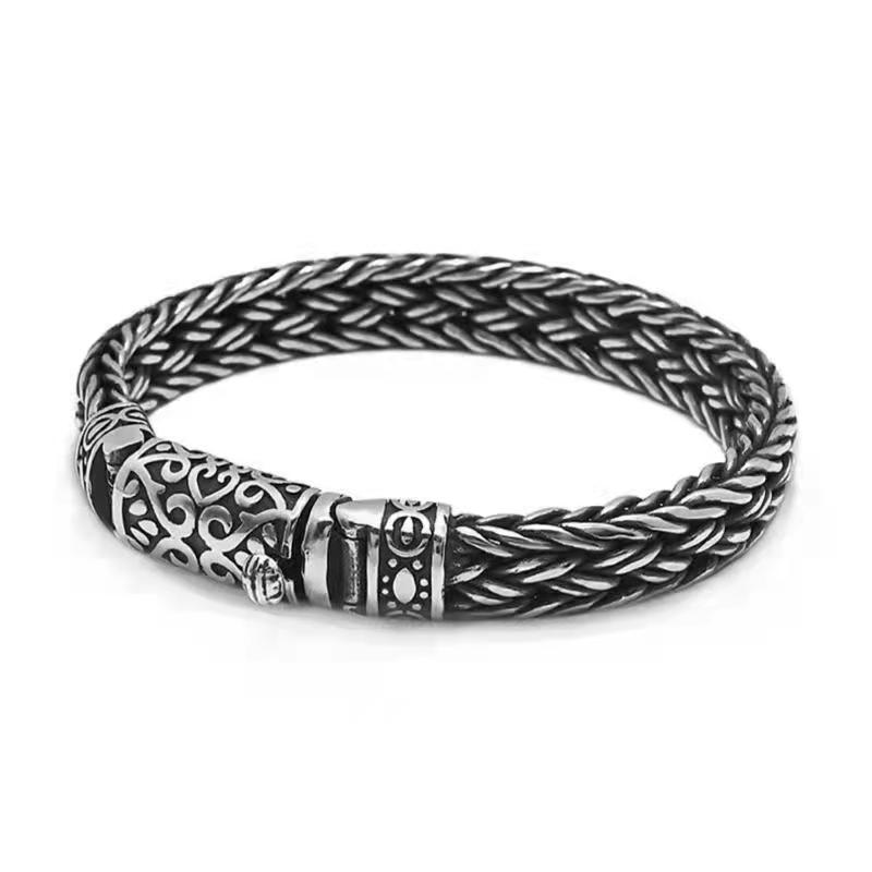 925 Silver Hand Woven Bracelet Lettering Vintage Fashion Mens Personalized Rough