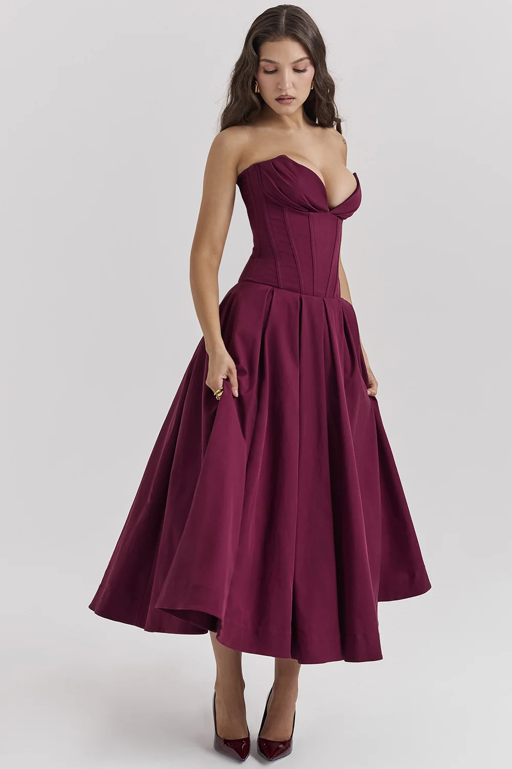 Deep V Neck Strapless Corset A-line Pleated Midi Dresses-black