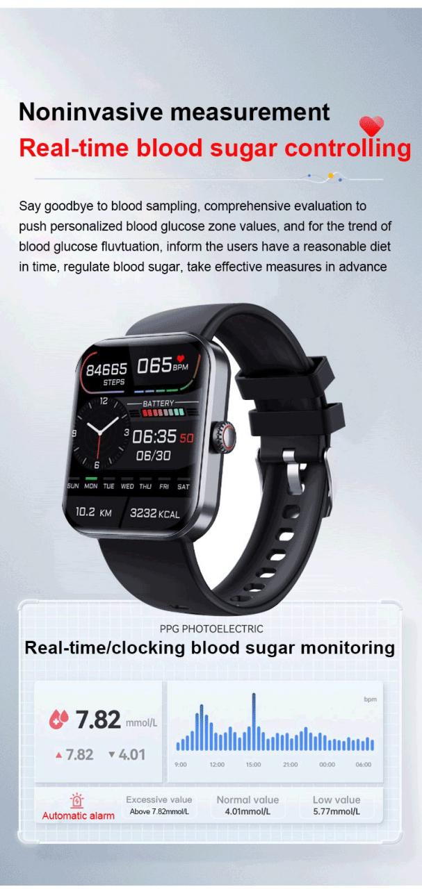 Chic All Day Monitoring Of Heart Rate,blood Sugar, And Blood Pressure Bluetooth Fashion Smartwatch