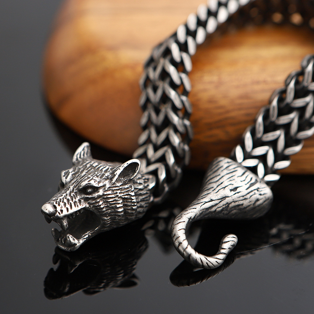 925 Silver Vintage Wolf Head Bracelet