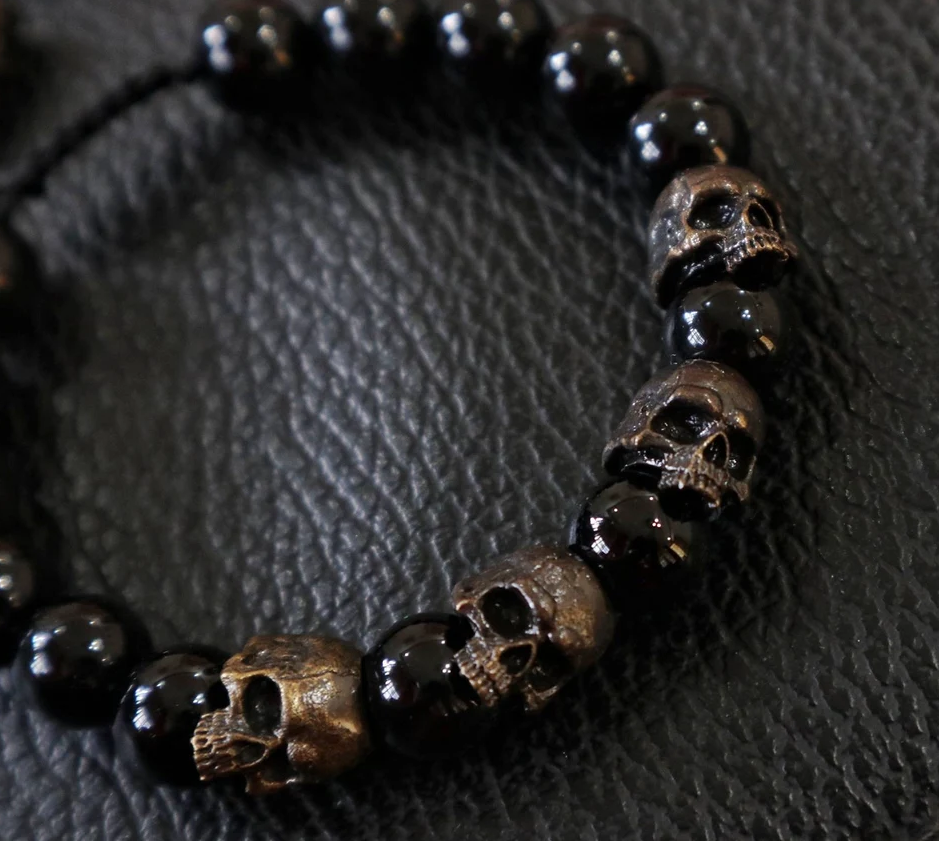 The Sterling Silver Skull Army Onyx Bead Bracelet