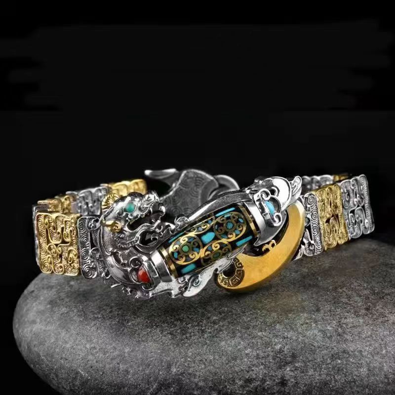 925 Silver Vintage Nine-eyed Dzi Bead Pixiu Bracelet