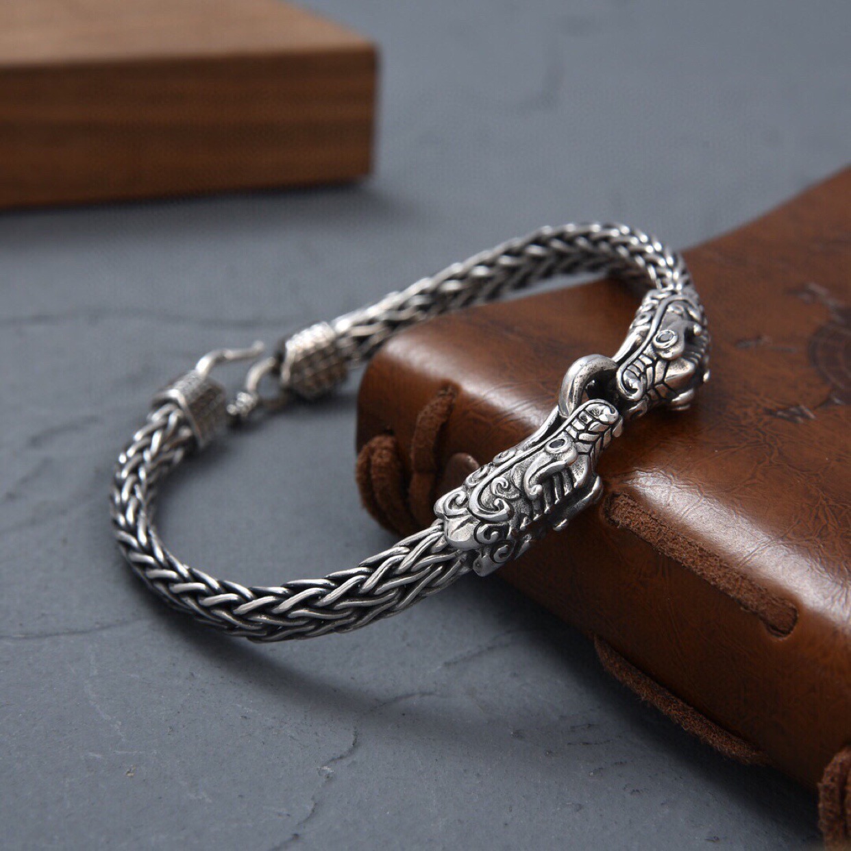 S925 Mens Double Dragon Character Braided Bracelet