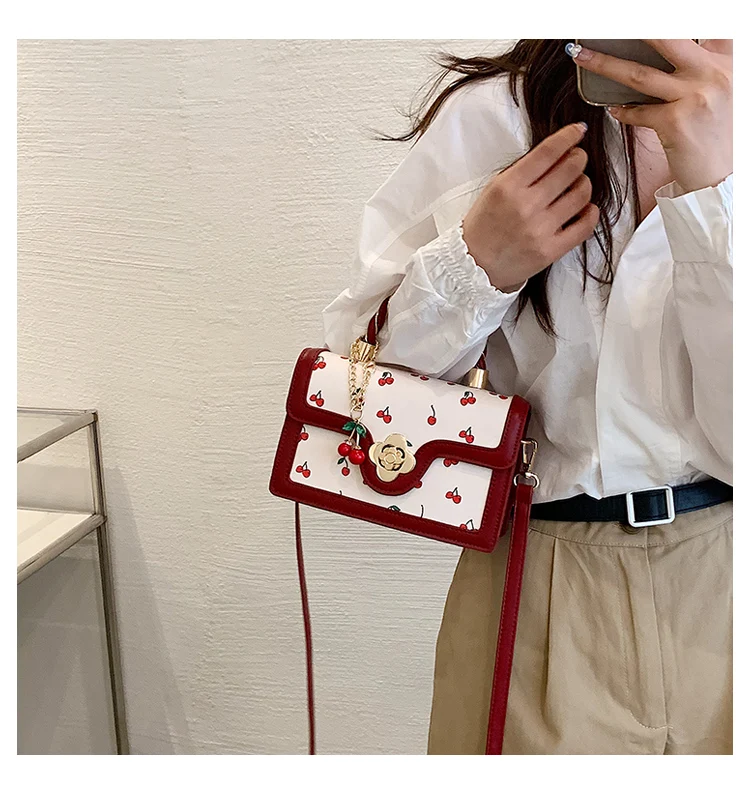 Cherry Shoulder Bag Purse For Women Cute Square Crossbody Bag Pu Leather Cherry Pattern Top-handle Handbag Small Satchel Bag