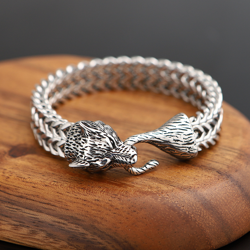 925 Silver Vintage Wolf Head Bracelet