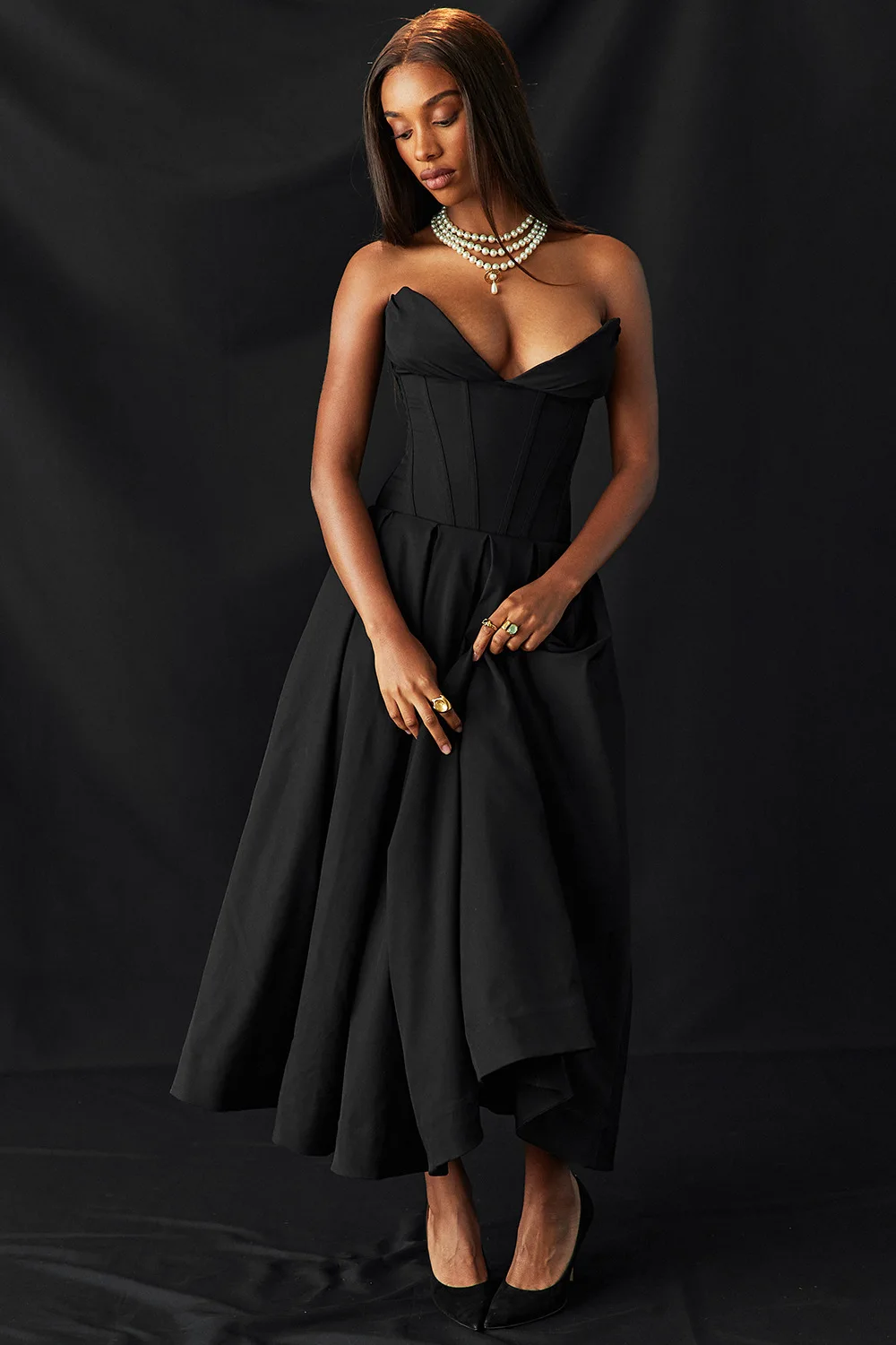 Deep V Neck Strapless Corset A-line Pleated Midi Dresses-black