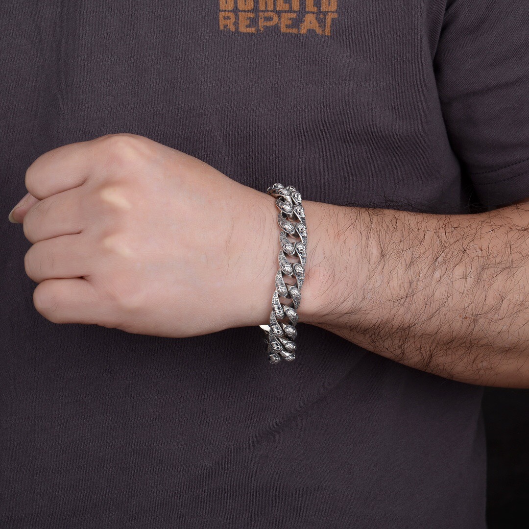 925 Silver Mens Personality Retro Skeleton New Graffiti Dark Hip-hop Bracelet