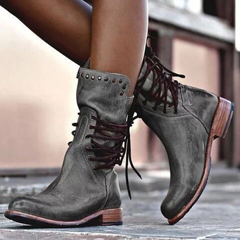 Cool Vintage Back Zipper Lace-up Mid-calf Boots