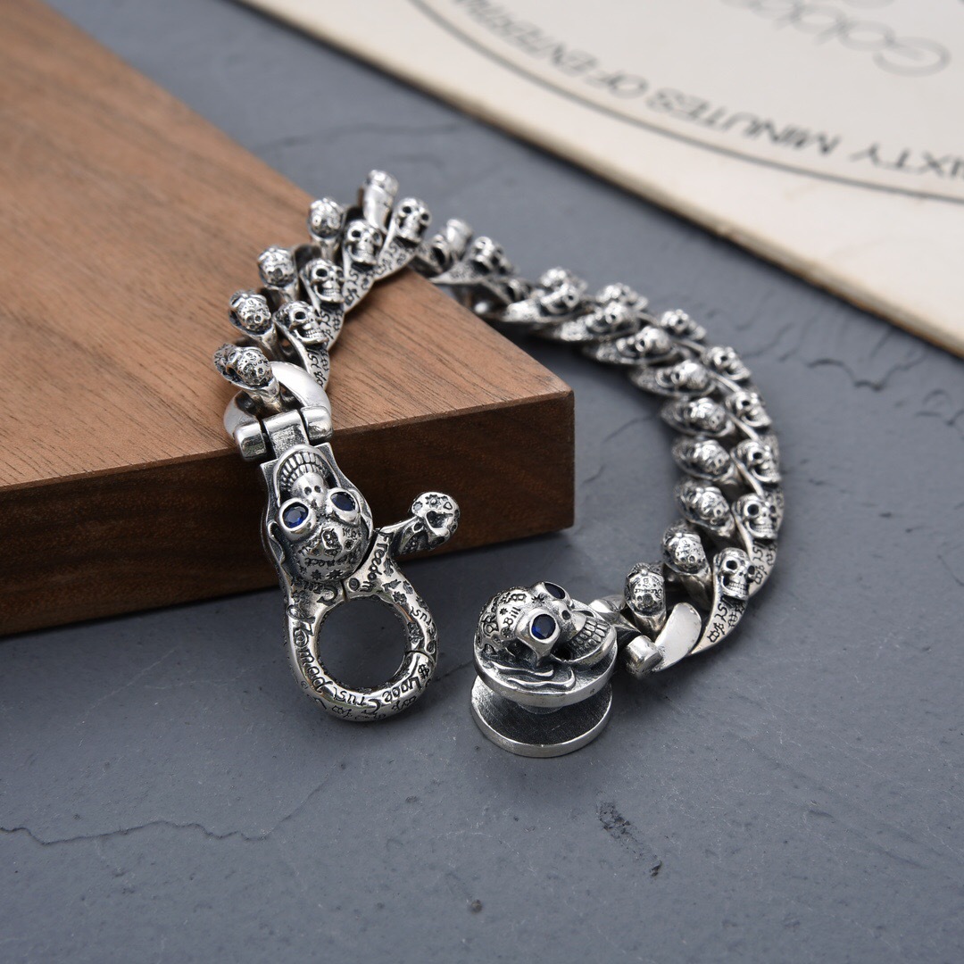 925 Silver Mens Personality Retro Skeleton New Graffiti Dark Hip-hop Bracelet