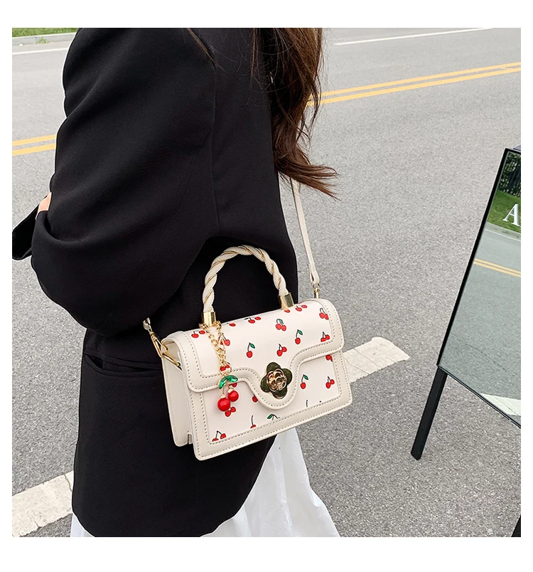 Cherry Shoulder Bag Purse For Women Cute Square Crossbody Bag Pu Leather Cherry Pattern Top-handle Handbag Small Satchel Bag