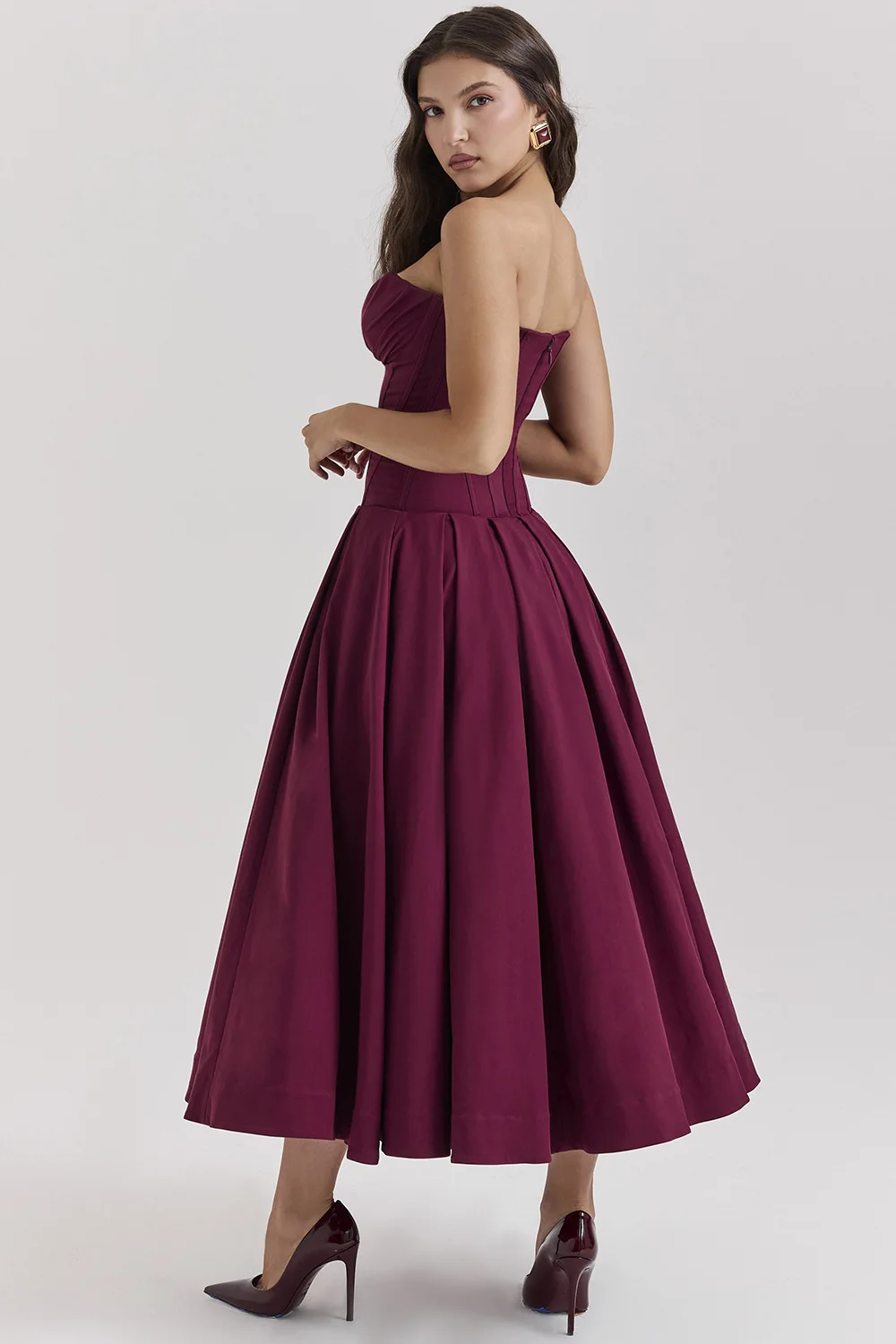 Deep V Neck Strapless Corset A-line Pleated Midi Dresses-black
