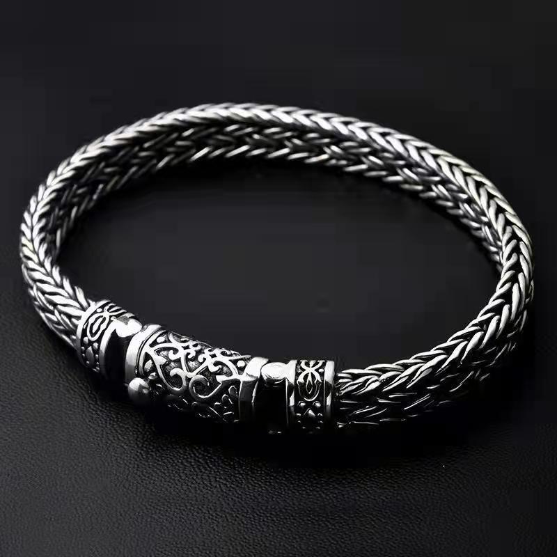 925 Silver Hand Woven Bracelet Lettering Vintage Fashion Mens Personalized Rough