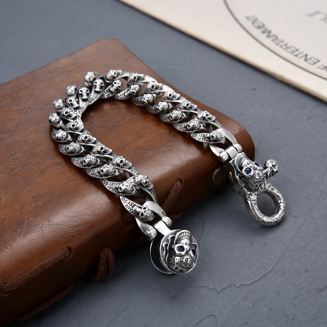 925 Silver Mens Personality Retro Skeleton New Graffiti Dark Hip-hop Bracelet