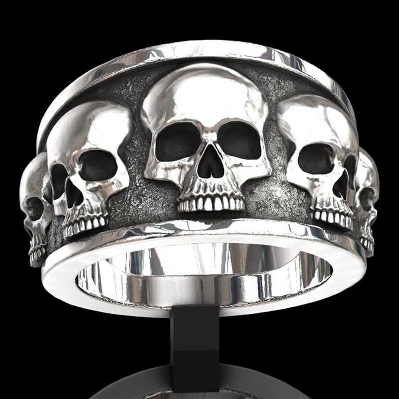 Gothic 925 Sterling Silver Five Skull Ring