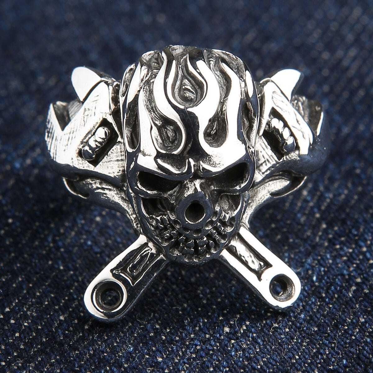 925 Silver Mechanic Skull Wrench Ring