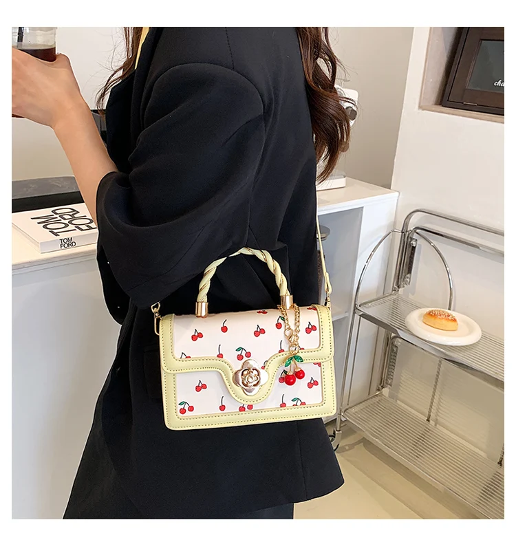 Cherry Shoulder Bag Purse For Women Cute Square Crossbody Bag Pu Leather Cherry Pattern Top-handle Handbag Small Satchel Bag
