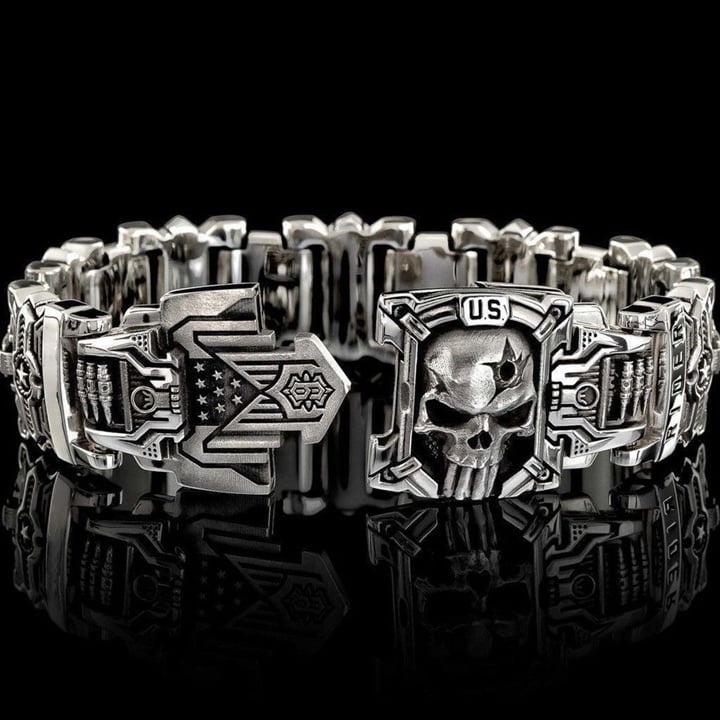 Armed Forces Destiny Stuggle Skull Interlock Silver Bracelet