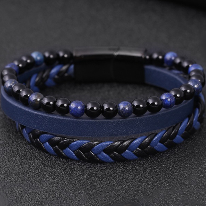 Mens Natural Stone Volcano Stone Lapis Lazuli Leather Bracelet Stainless Steel Leather Woven Bracelet Multilayer Men's Titanium Steel Jewelry