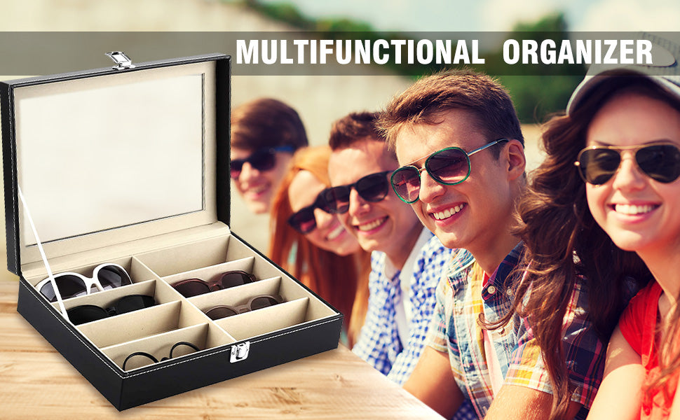 8 Slot Sunglass Organizer Leather Case Storage