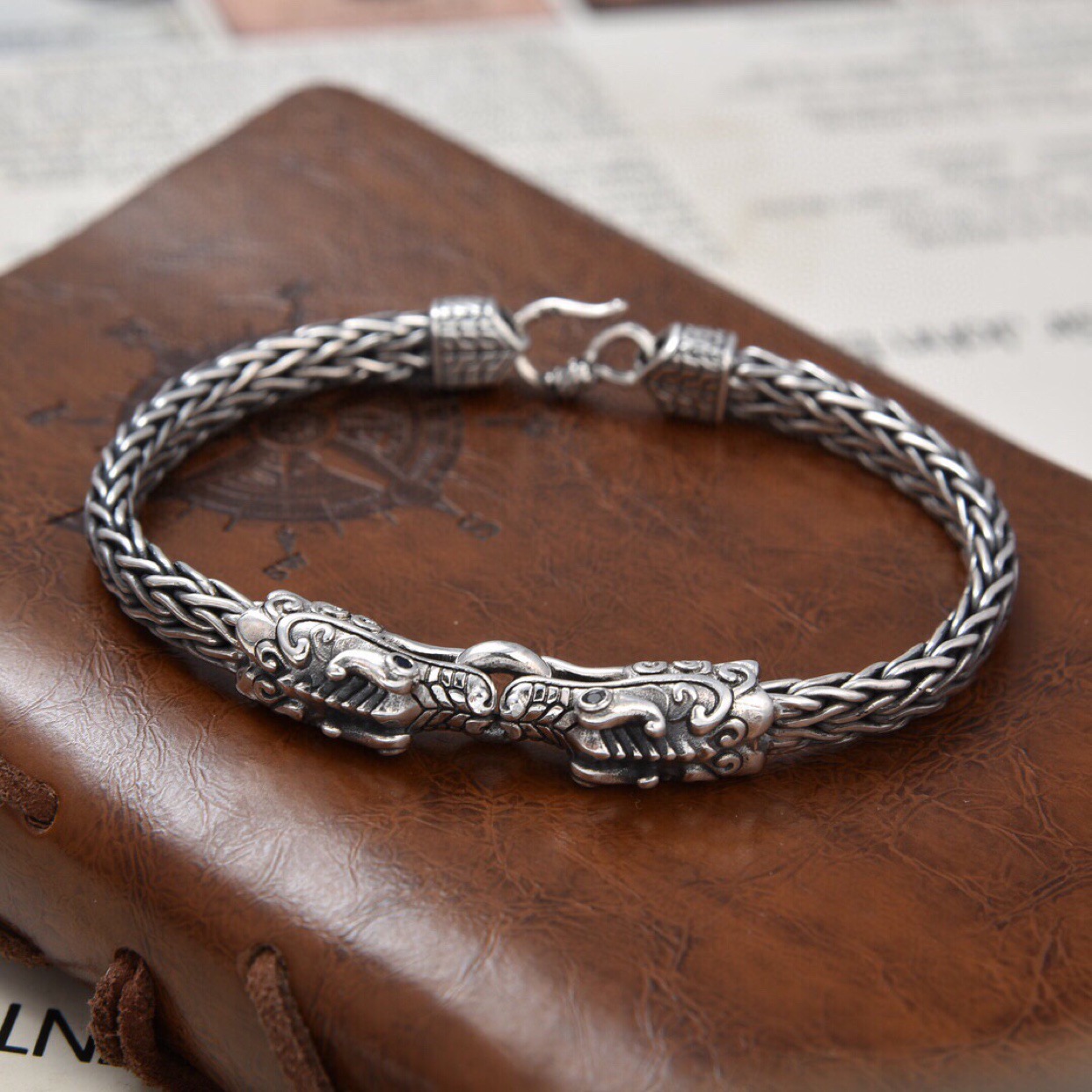 S925 Mens Double Dragon Character Braided Bracelet