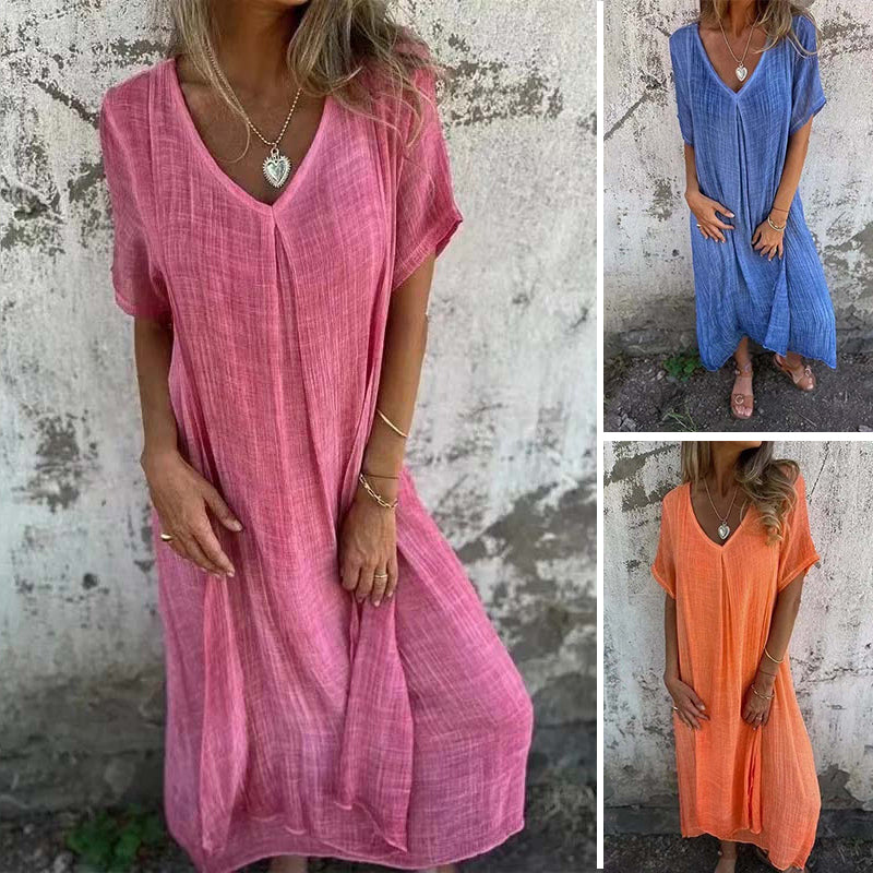 Cotton And Linen V-neck Midi Dress