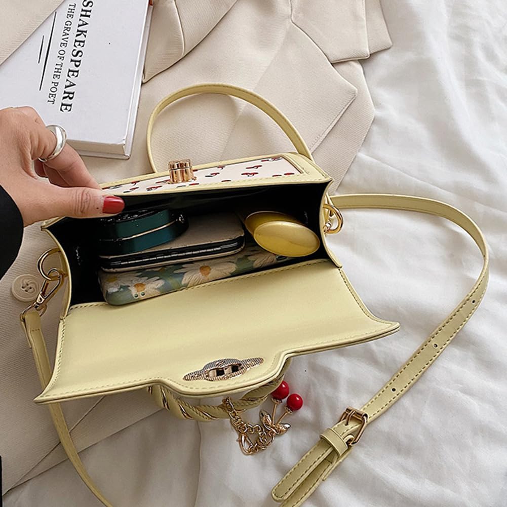 Cherry Shoulder Bag Purse For Women Cute Square Crossbody Bag Pu Leather Cherry Pattern Top-handle Handbag Small Satchel Bag