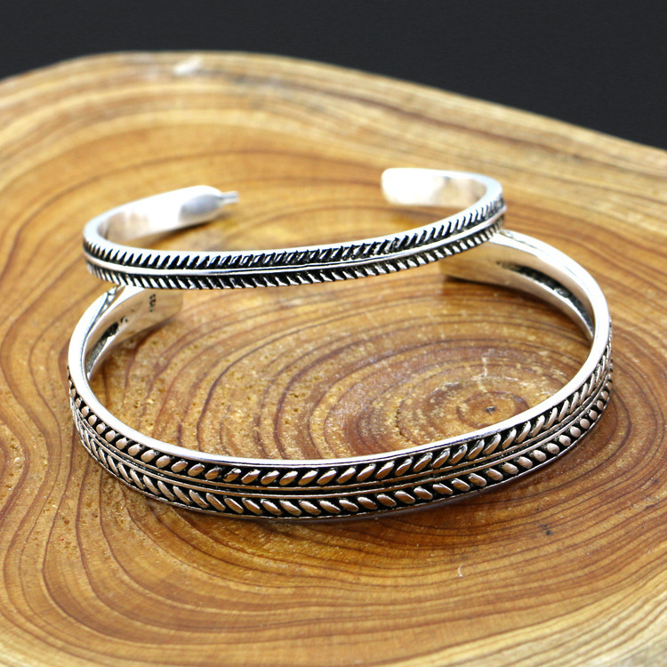 925 Silver Simple Handmade Vintage Feather Leaf Personality Bracelet