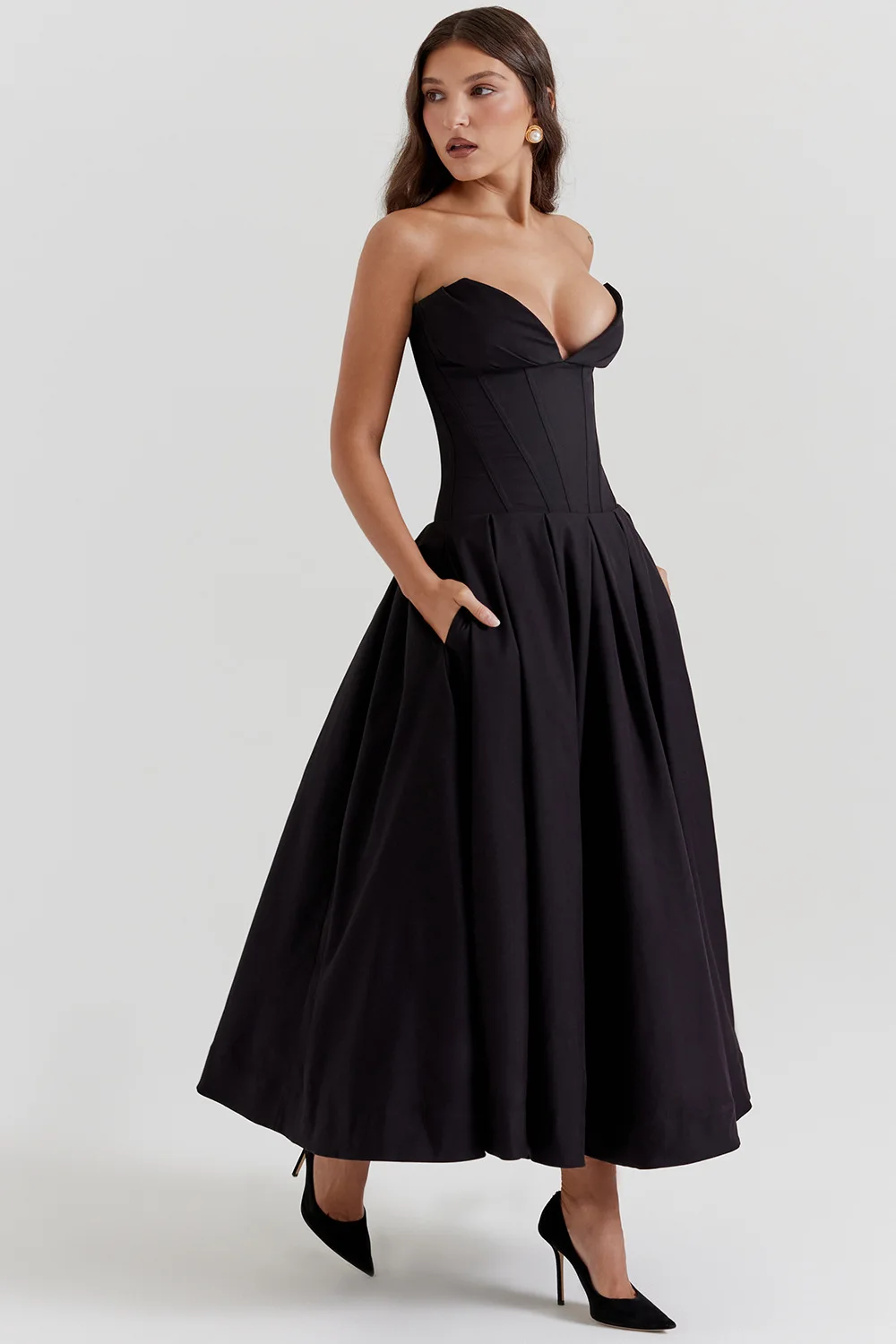 Deep V Neck Strapless Corset A-line Pleated Midi Dresses-black