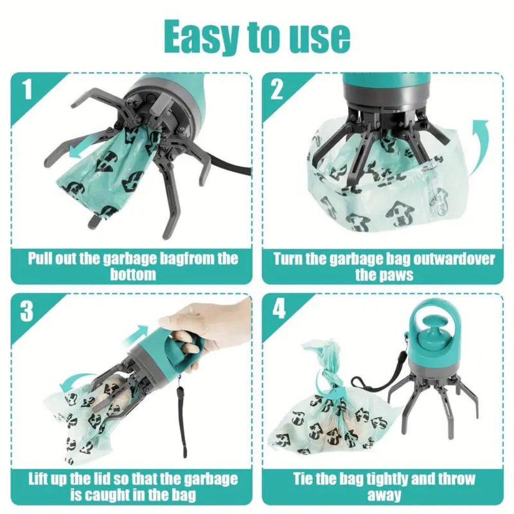 Dog Poop Picker Upper Claw With Garbage Bag Dispenser