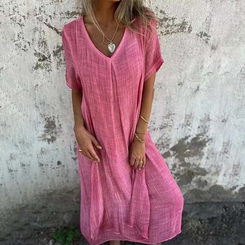 Cotton And Linen V-neck Midi Dress