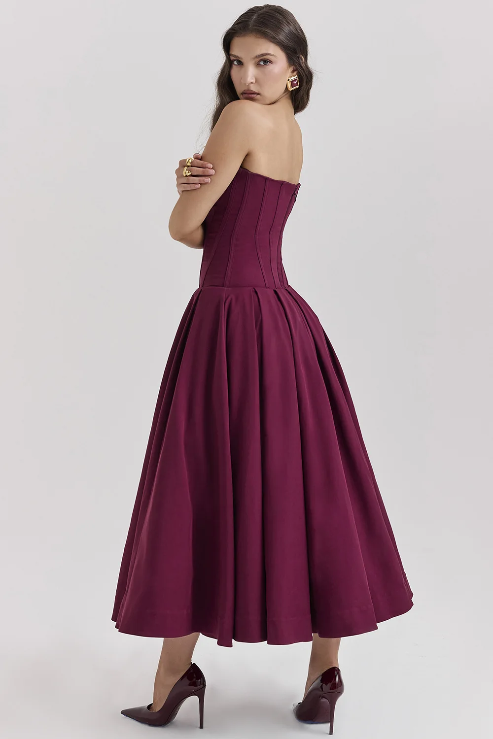 Deep V Neck Strapless Corset A-line Pleated Midi Dresses-black
