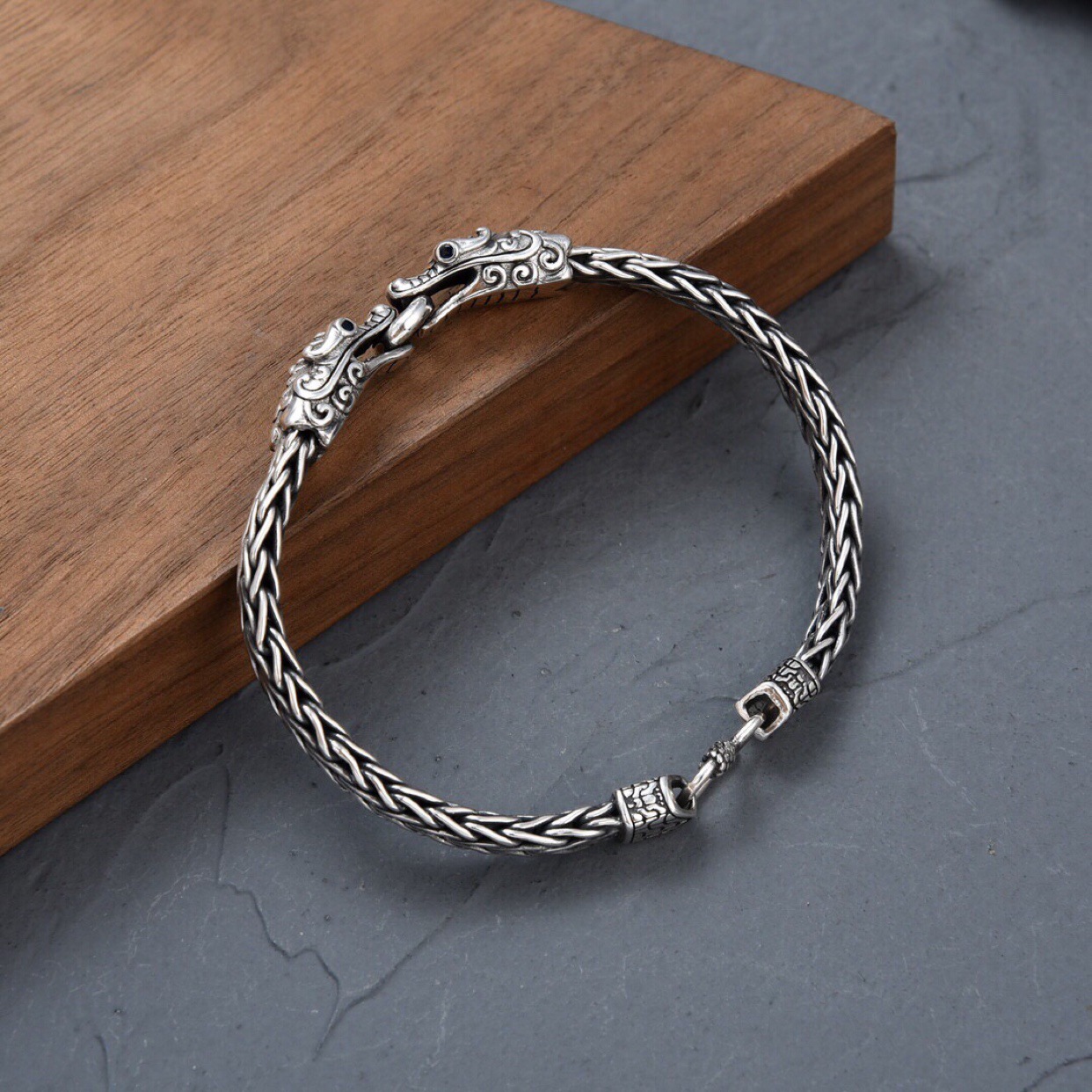 S925 Mens Double Dragon Character Braided Bracelet