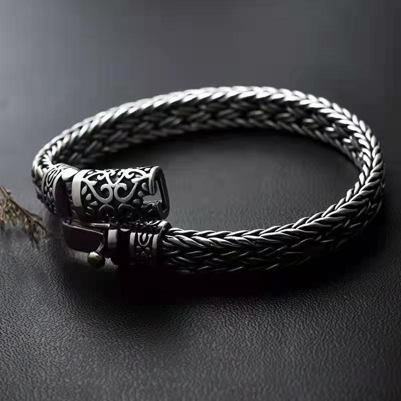 925 Silver Hand Woven Bracelet Lettering Vintage Fashion Mens Personalized Rough