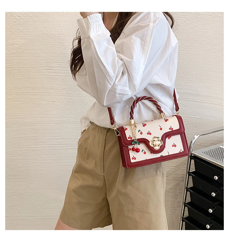 Cherry Shoulder Bag Purse For Women Cute Square Crossbody Bag Pu Leather Cherry Pattern Top-handle Handbag Small Satchel Bag