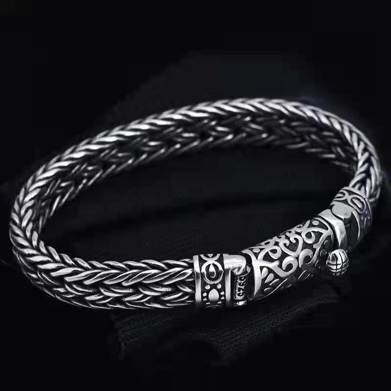 925 Silver Hand Woven Bracelet Lettering Vintage Fashion Mens Personalized Rough