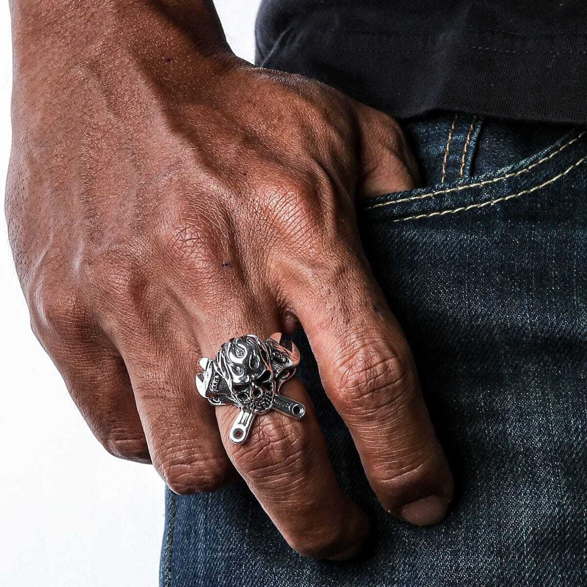 925 Silver Mechanic Skull Wrench Ring