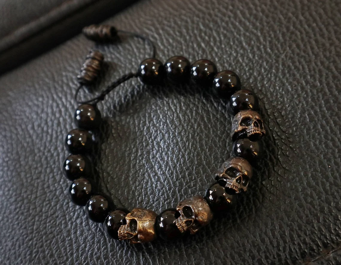 The Sterling Silver Skull Army Onyx Bead Bracelet