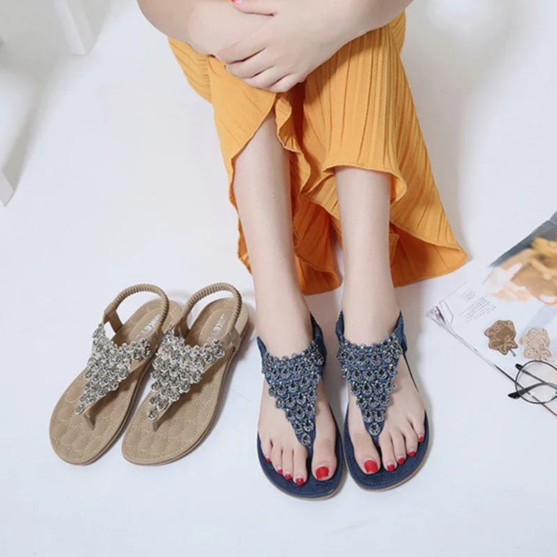 Bohemian™ Style Shiny Rhinestone Soft Sole Sandals For Women